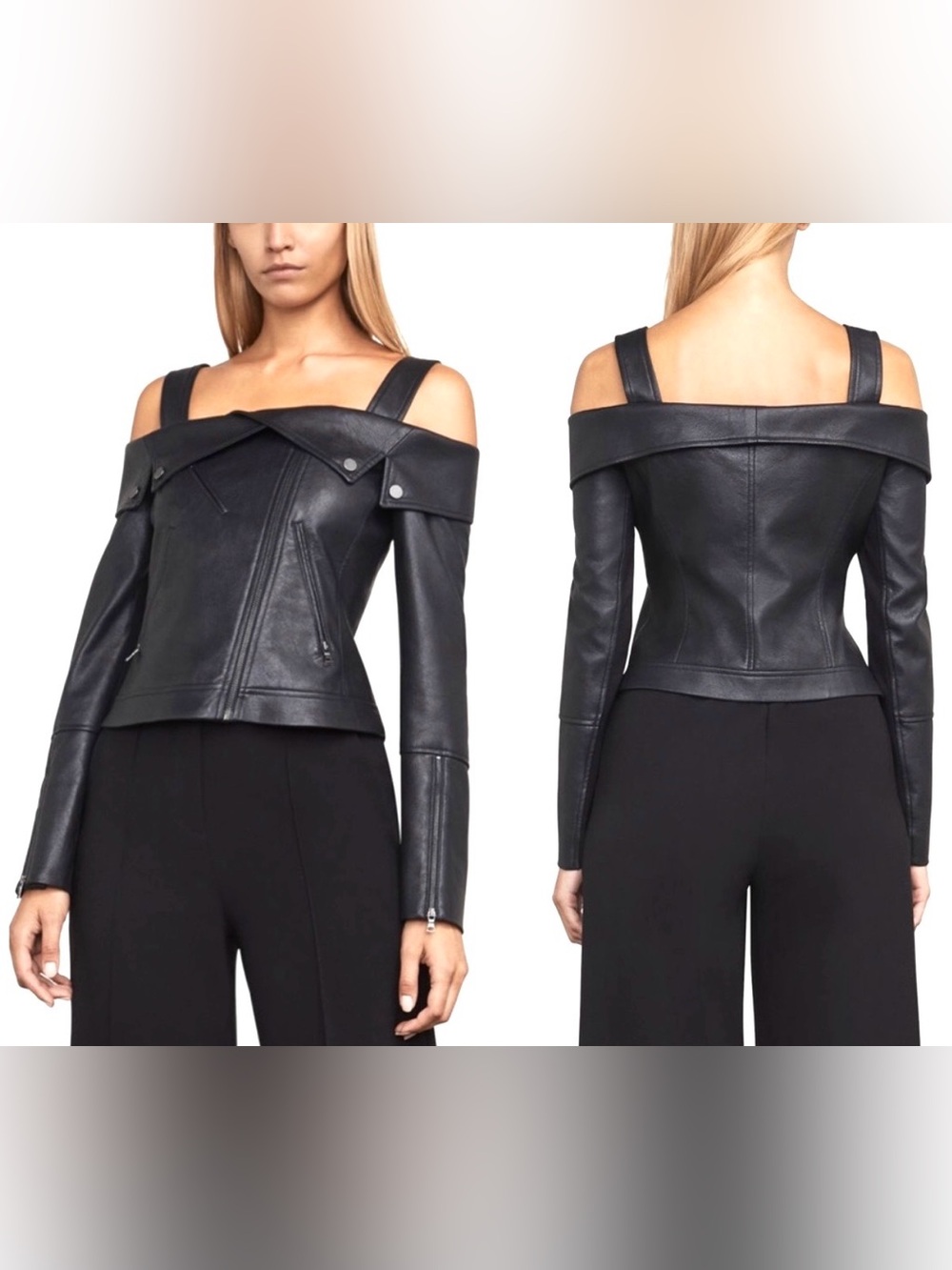 NWT BCBGMaxAzria Black Leather Crop Zipped Jacket Edgy Rock Luxury MSRP $338